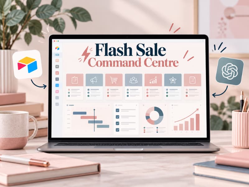 A calm workspace with the Flash Sale Command Centre on a laptop