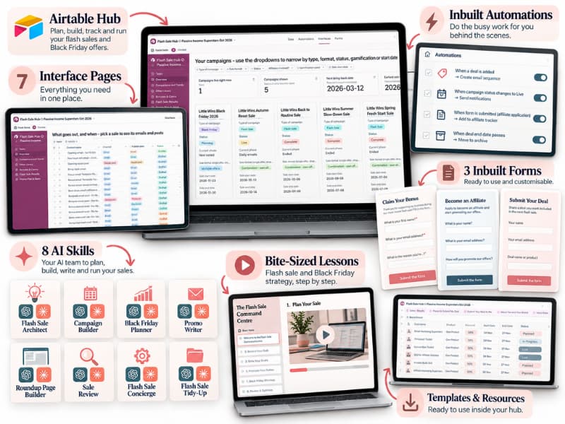 The Flash Sale Airtable hub with its dashboards, AI skills, automations and lessons